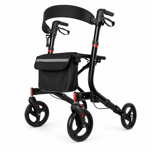 Black lightweight rollator walker with seat, backrest strap, and front storage bag on white background