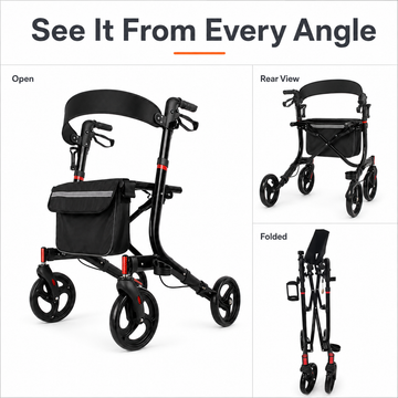 Infographic showing the rollator from every angle: open, rear view, and folded