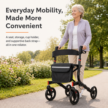 Senior woman pushing the rollator walker on a garden path