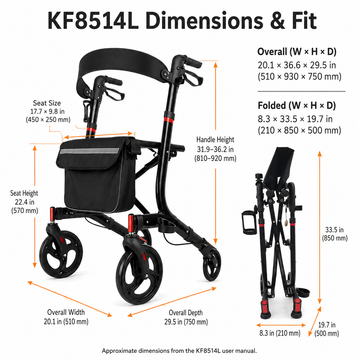 KF8514L rollator walker dimensions, handle height adjustment, and folded width diagram