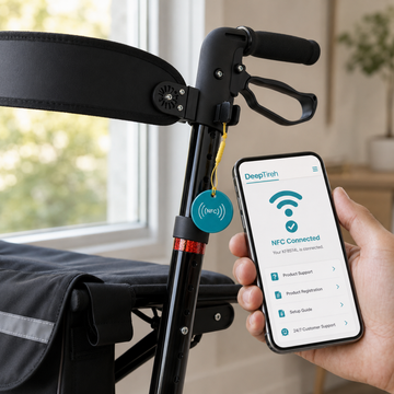 Hand holding a smartphone showing an NFC Connected screen next to the rollator's NFC tag