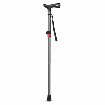 Black folding cane with ergonomic T-handle, wrist strap, and single rubber tip on white background