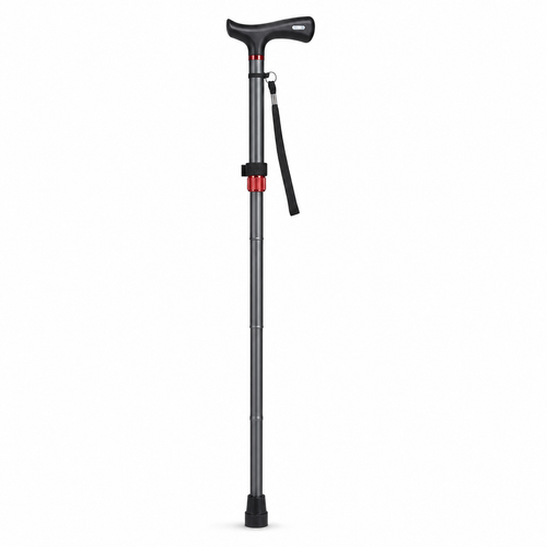 Black folding cane with ergonomic T-handle, wrist strap, and single rubber tip on white background