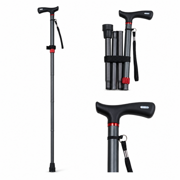 Folding cane shown at full length, folded into sections, and in a close-up of the T-handle