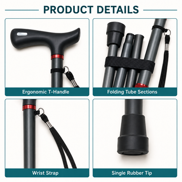 Product details graphic: ergonomic T-handle, folding tube sections, wrist strap, and single rubber tip