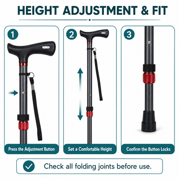 Height adjustment guide in three steps using the cane's adjustment button