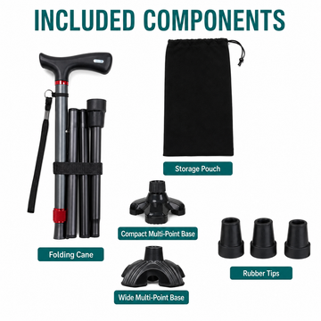 Included components graphic: folding cane, storage pouch, compact and wide multi-point bases, and rubber tips