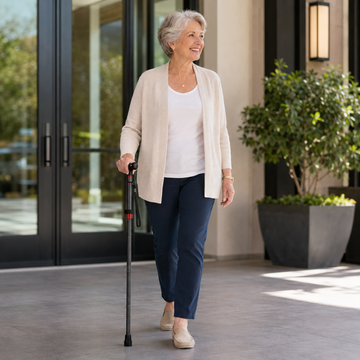 Senior woman walking with the cane outside a building entrance