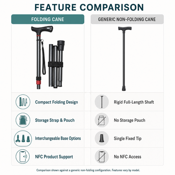 Feature comparison chart of the folding cane versus a generic non-folding cane