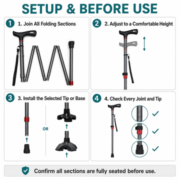 Setup guide in four steps: join folding sections, adjust height, install tip or base, check joints