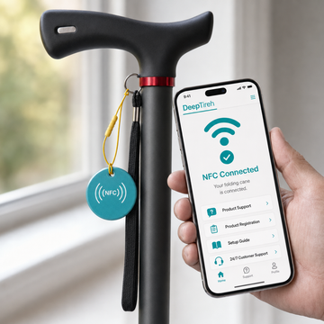 Hand holding a smartphone with an NFC Connected screen next to the cane's NFC tag