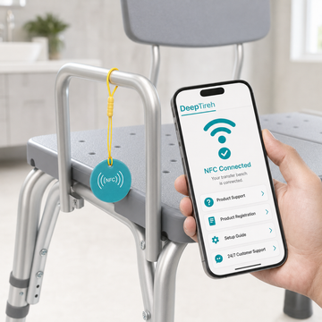 Hand holding a smartphone showing an NFC Connected screen next to the NFC tag on the bench