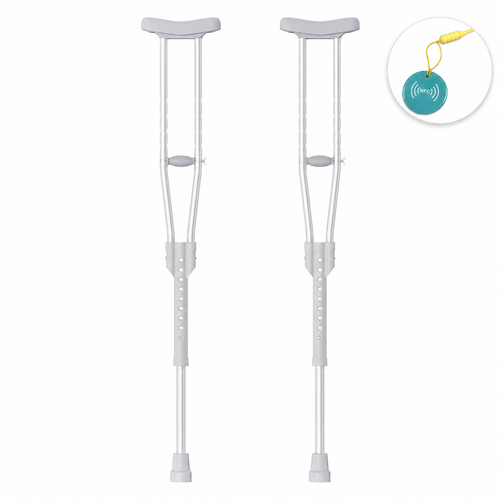 Pair of underarm crutches with a teal DeepTireh NFC tag shown in a circular inset