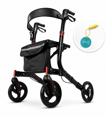 Black rollator walker with a teal DeepTireh NFC tag attached to the frame