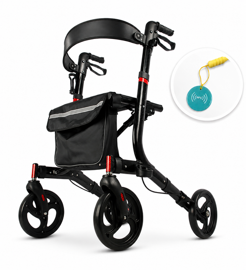 Black rollator walker with a teal DeepTireh NFC tag attached to the frame