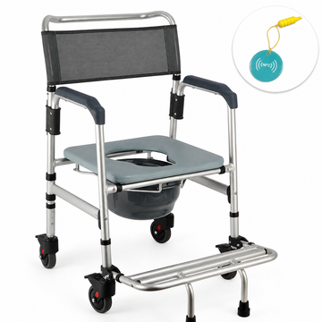 Shower commode chair with a teal DeepTireh NFC tag shown in a circular inset