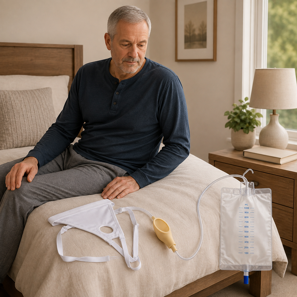 Older man seated beside a bed with the DeepTireh DT-B006 urine collection kit arranged on the bed and the drainage bag hanging below mattress level