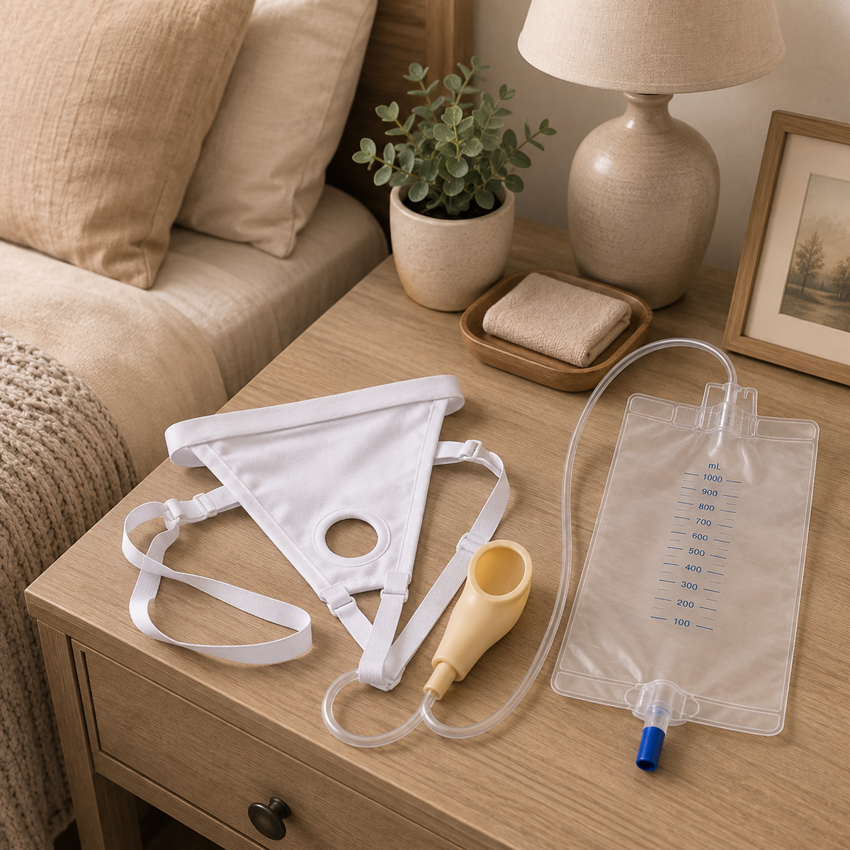DeepTireh DT-B006 urine collection kit with positioning garment, external male interface, tubing, and graduated bag arranged on a bedside table