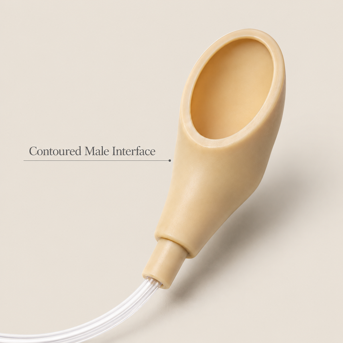 Close-up of the contoured external male interface and connected tubing from the DeepTireh DT-B006 urine collection kit