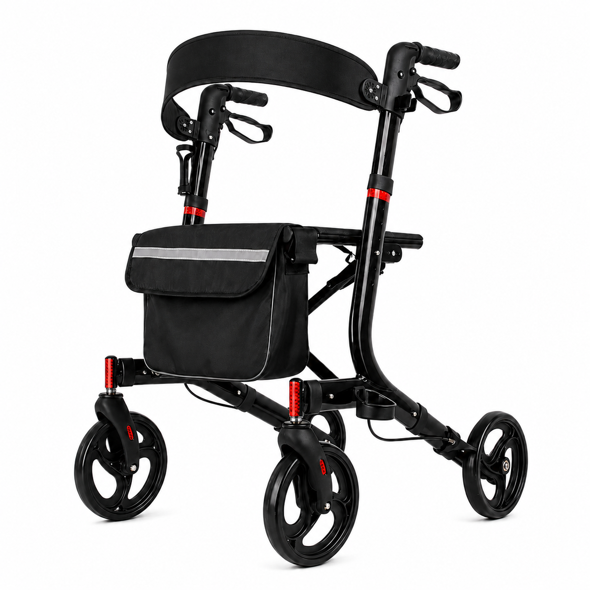 DeepTireh DT-M001 black lightweight rollator walker with seat, backrest, storage bag, and four wheels