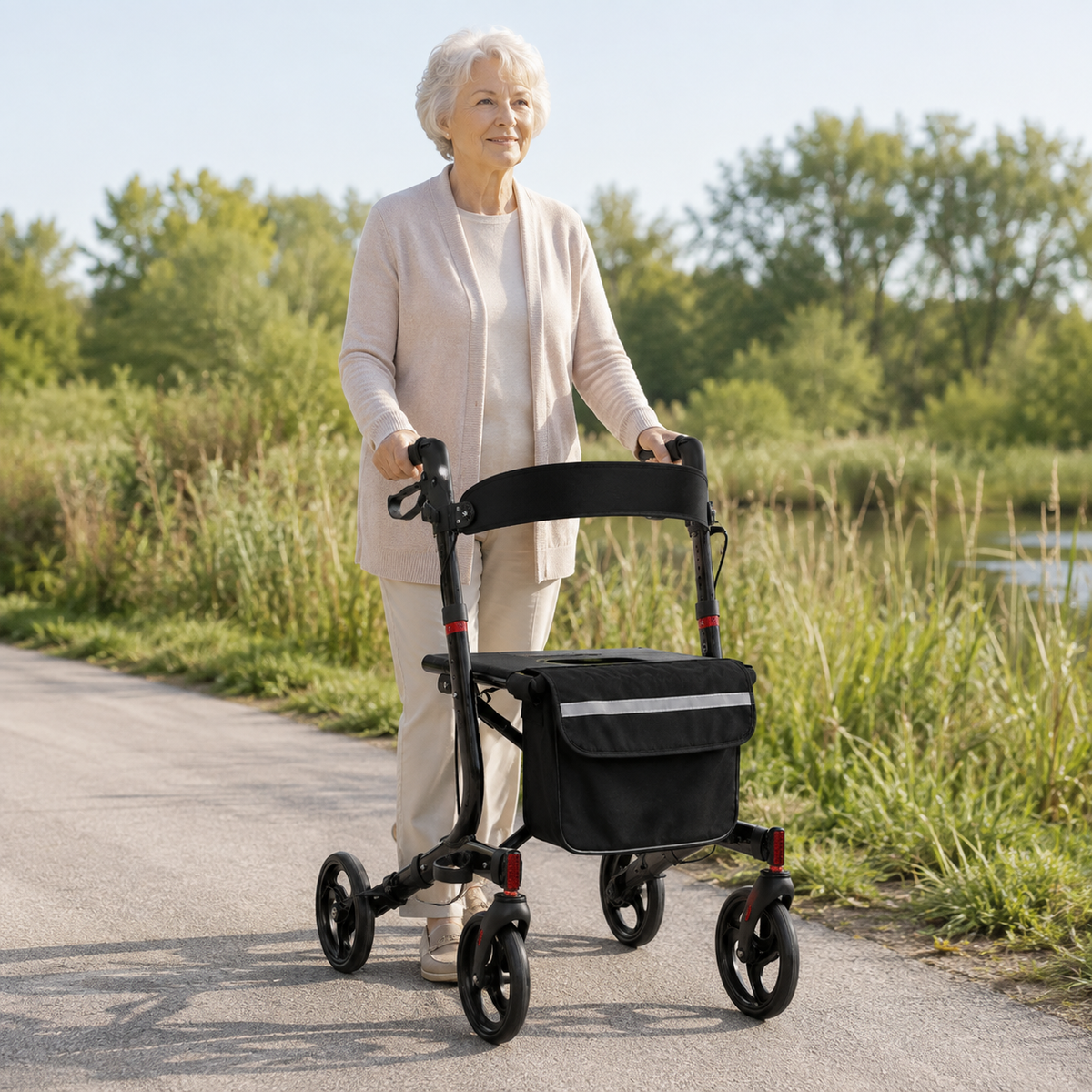 Older woman using the DeepTireh DT-M001 rollator walker on a dry, level outdoor path