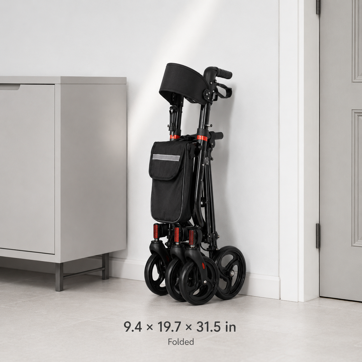 DeepTireh DT-M001 rollator folded to 9.4 by 19.7 by 31.5 inches for compact storage