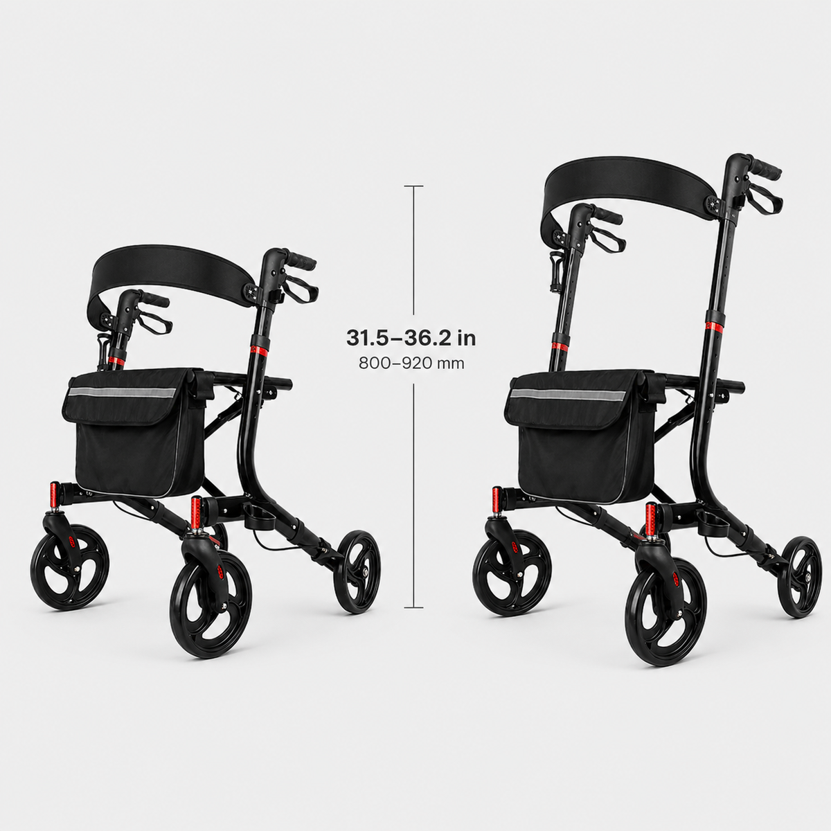 DeepTireh DT-M001 rollator walker with adjustable handle height from 31.5 to 36.2 inches