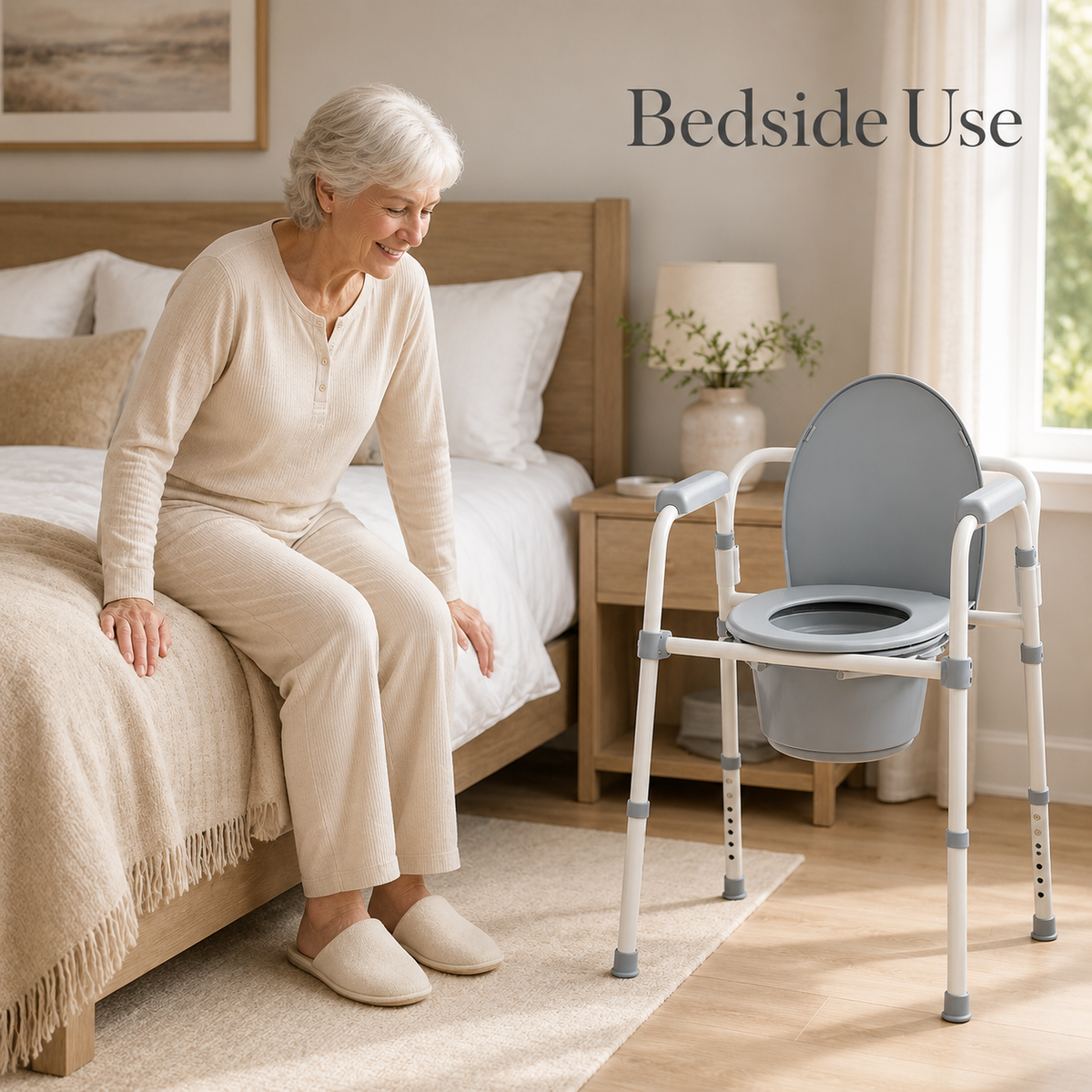 Older woman seated on a bed beside the DeepTireh DT-B002 3-in-1 bedside commode chair