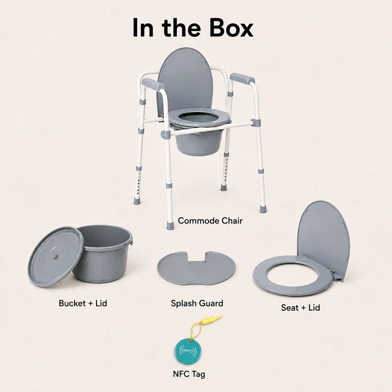 DeepTireh DT-B002 bedside commode chair with bucket, lid, splash guard, seat, and NFC tag included
