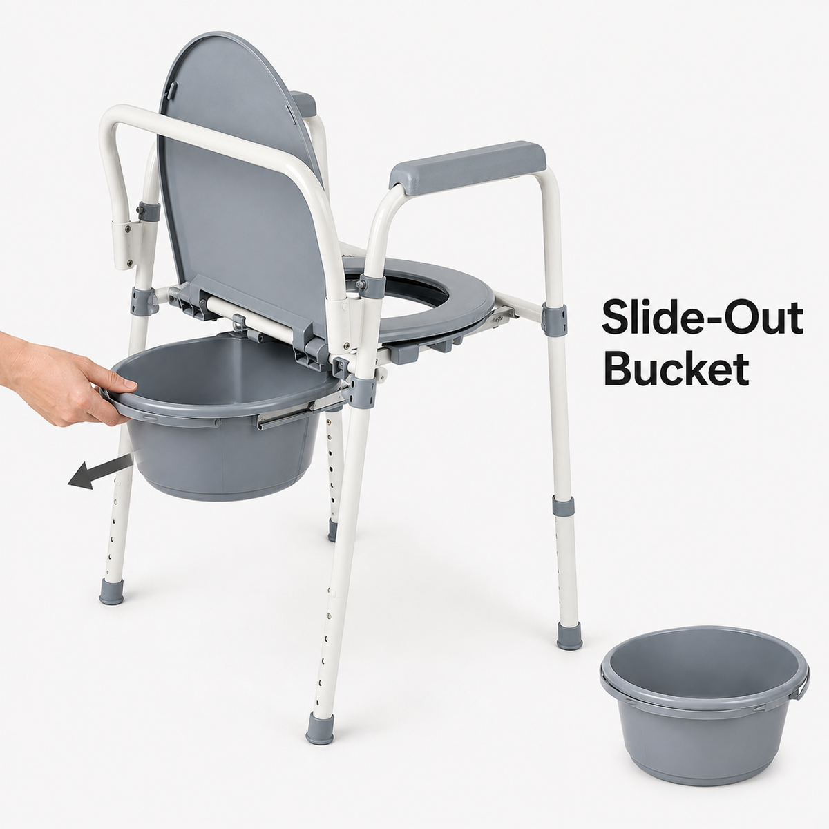 Rear view of the DeepTireh DT-B002 bedside commode chair with the bucket sliding out for removal