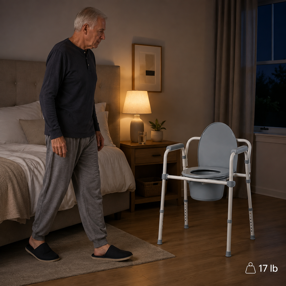 Older man approaching the DeepTireh DT-B002 bedside commode chair at night, with 17 lb product weight shown