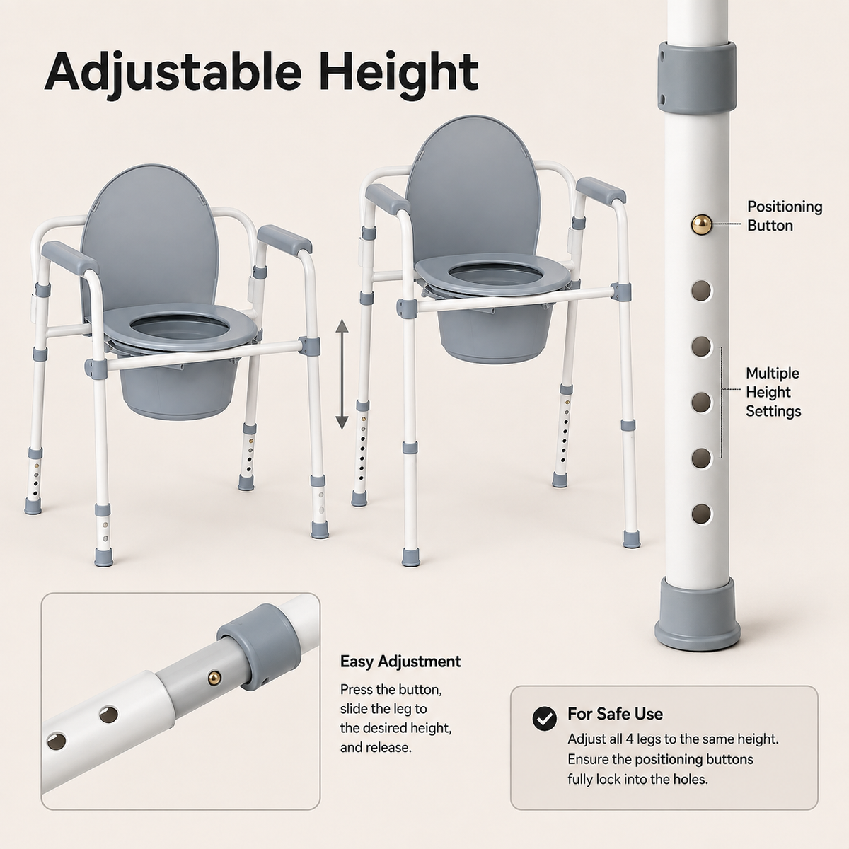 DeepTireh DT-B002 bedside commode chair shown at two adjustable heights with a leg positioning button close-up