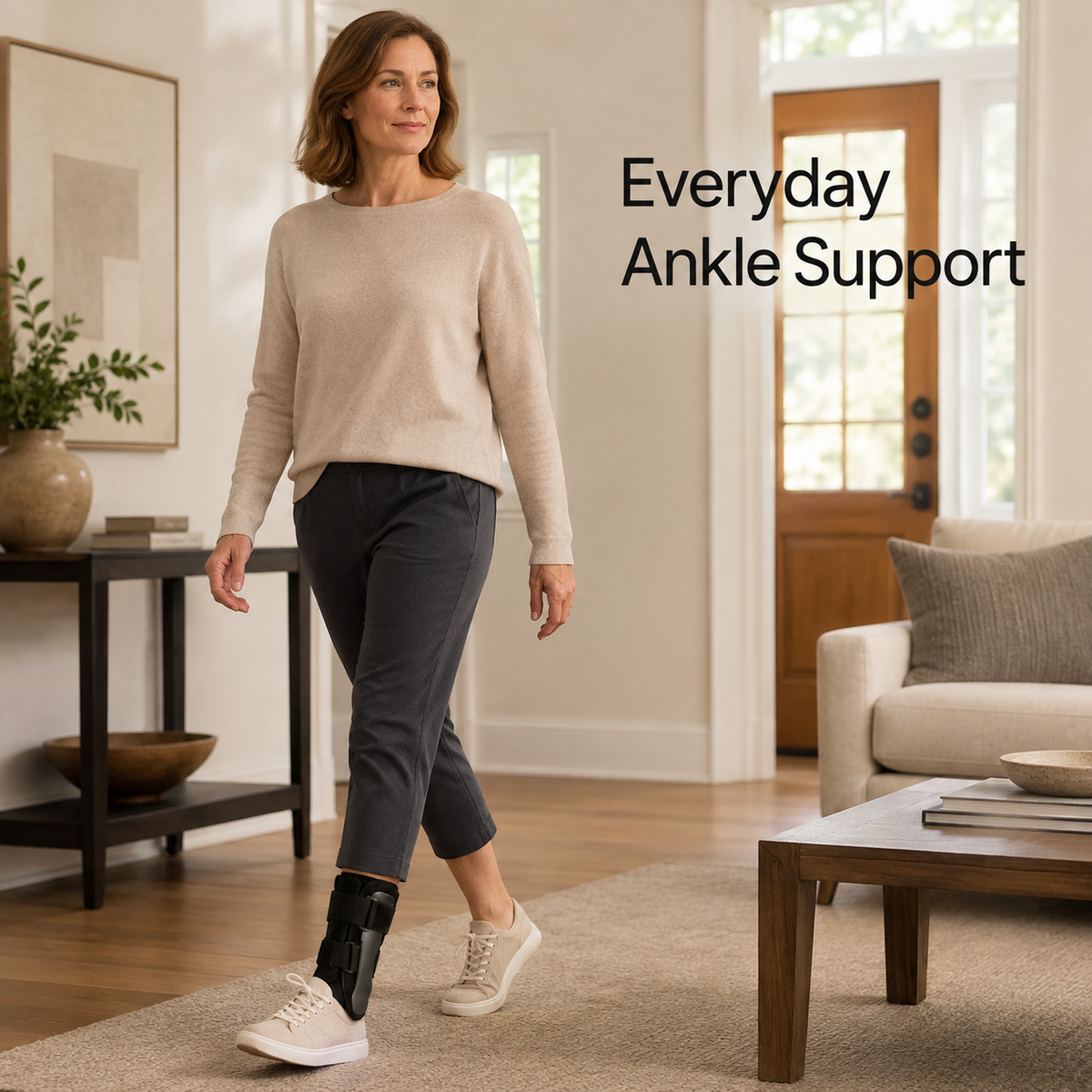 Woman wearing the DeepTireh DT-A001 ankle brace while walking in a bright home interior