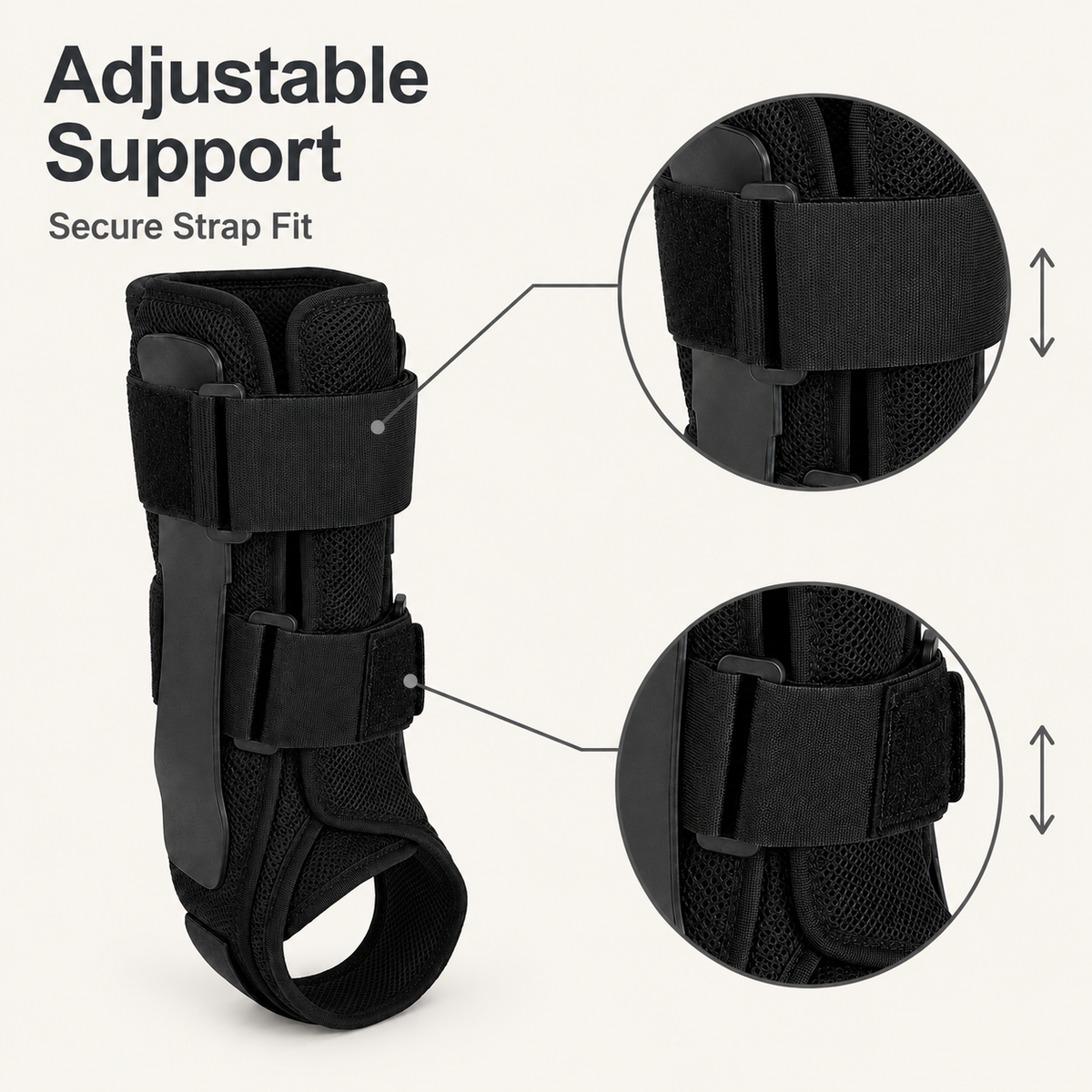 DeepTireh DT-A001 ankle brace with adjustable upper and lower straps shown in close-up
