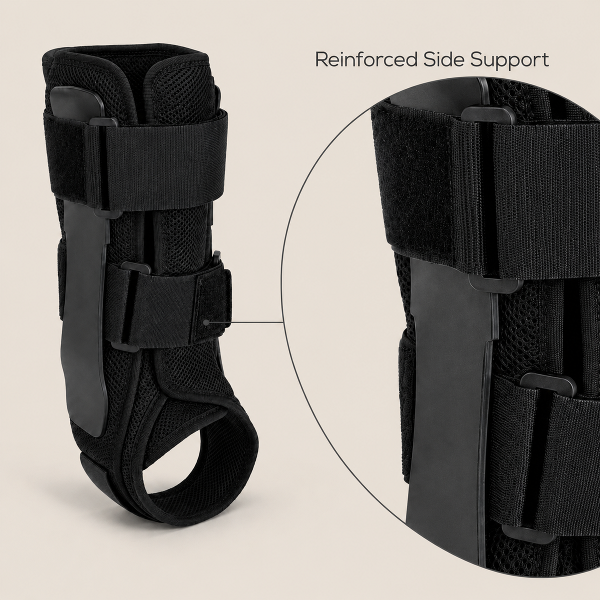 DeepTireh DT-A001 ankle brace with reinforced side support shown in a detailed close-up