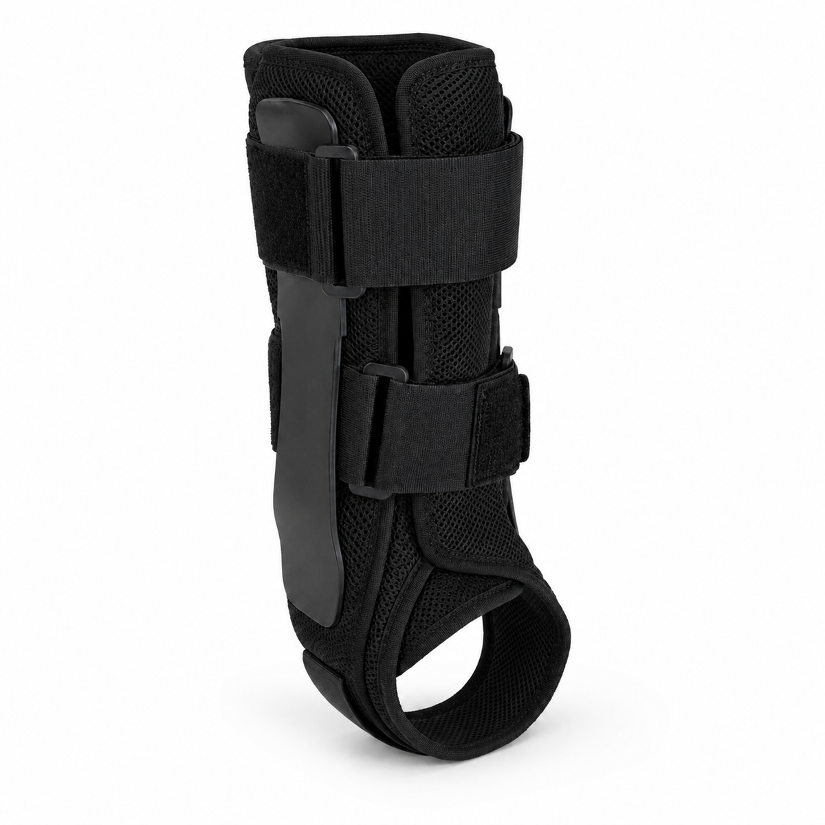 DeepTireh DT-A001 black adjustable ankle brace with mesh panels, two straps, and reinforced side supports