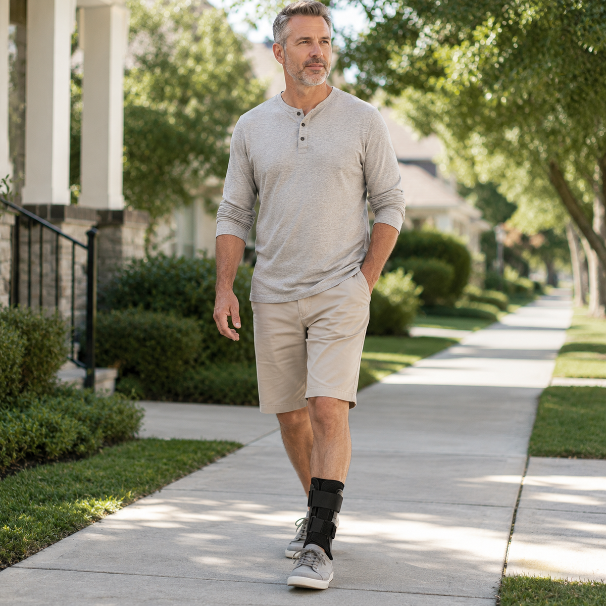 Man wearing the DeepTireh DT-A001 adjustable ankle brace while walking on a dry neighborhood sidewalk