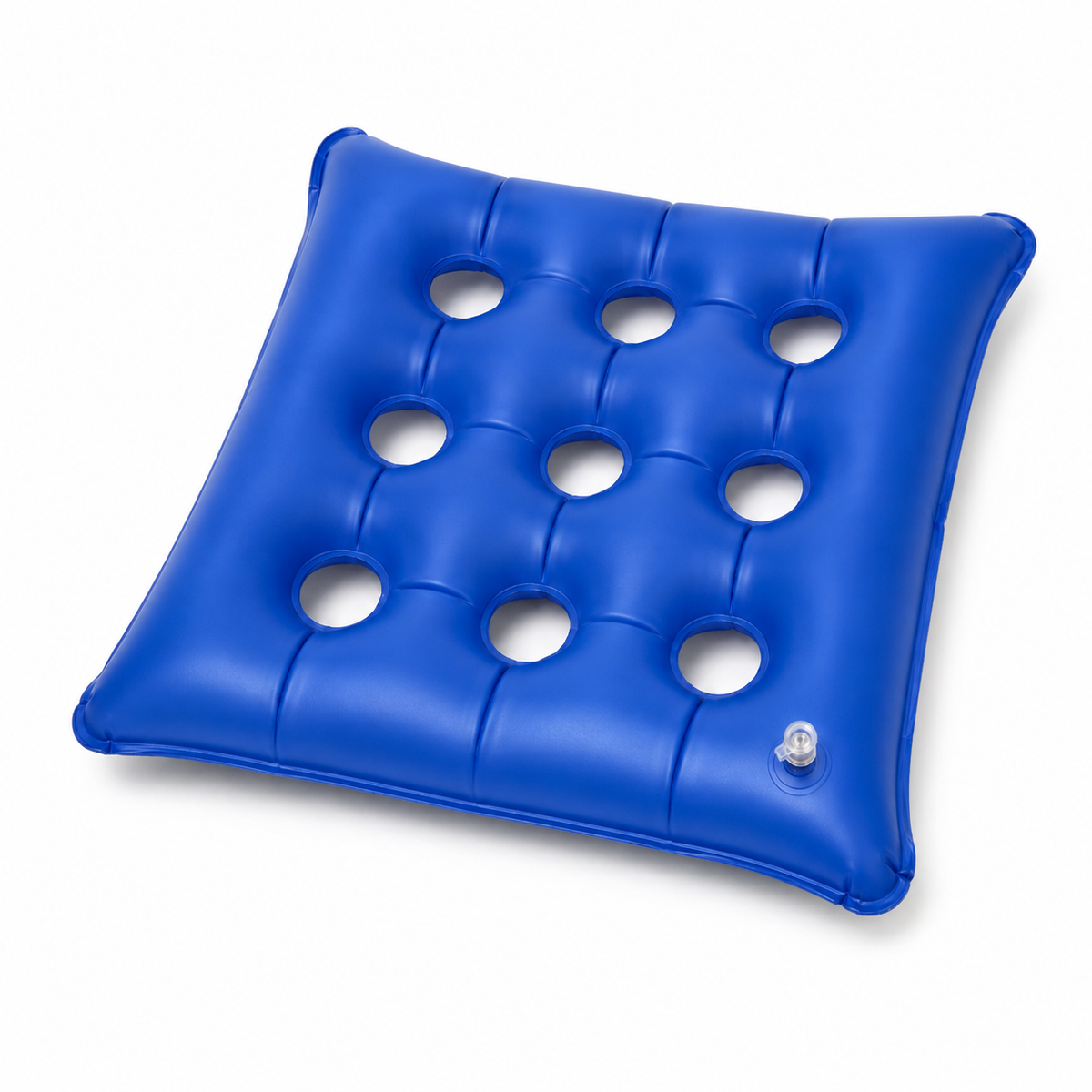 Blue DeepTireh inflatable seat cushion with nine openings and a built-in air valve on a white background.