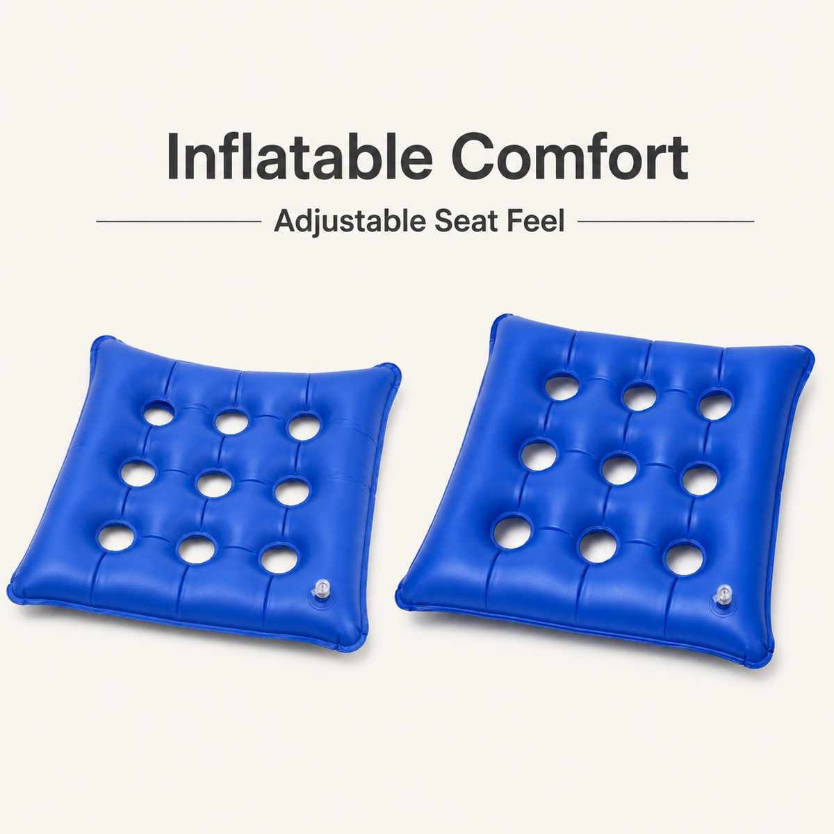 Two blue DeepTireh inflatable seat cushions shown at different inflation levels for adjustable seat feel.
