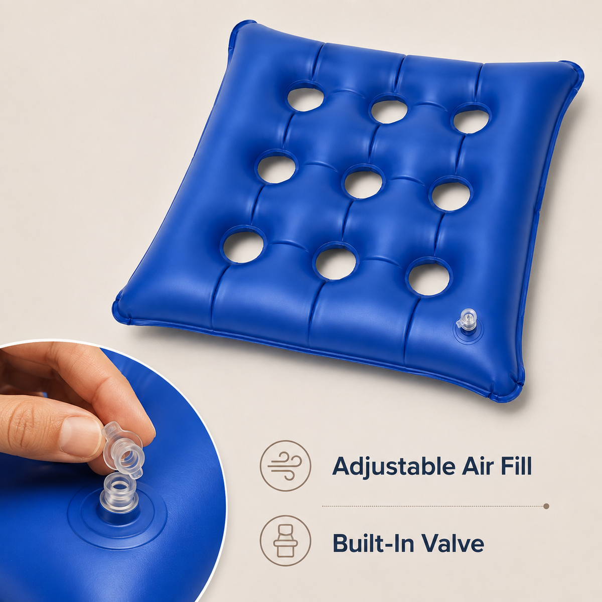 Close-up of the built-in valve used to adjust the air fill of the DeepTireh inflatable seat cushion.