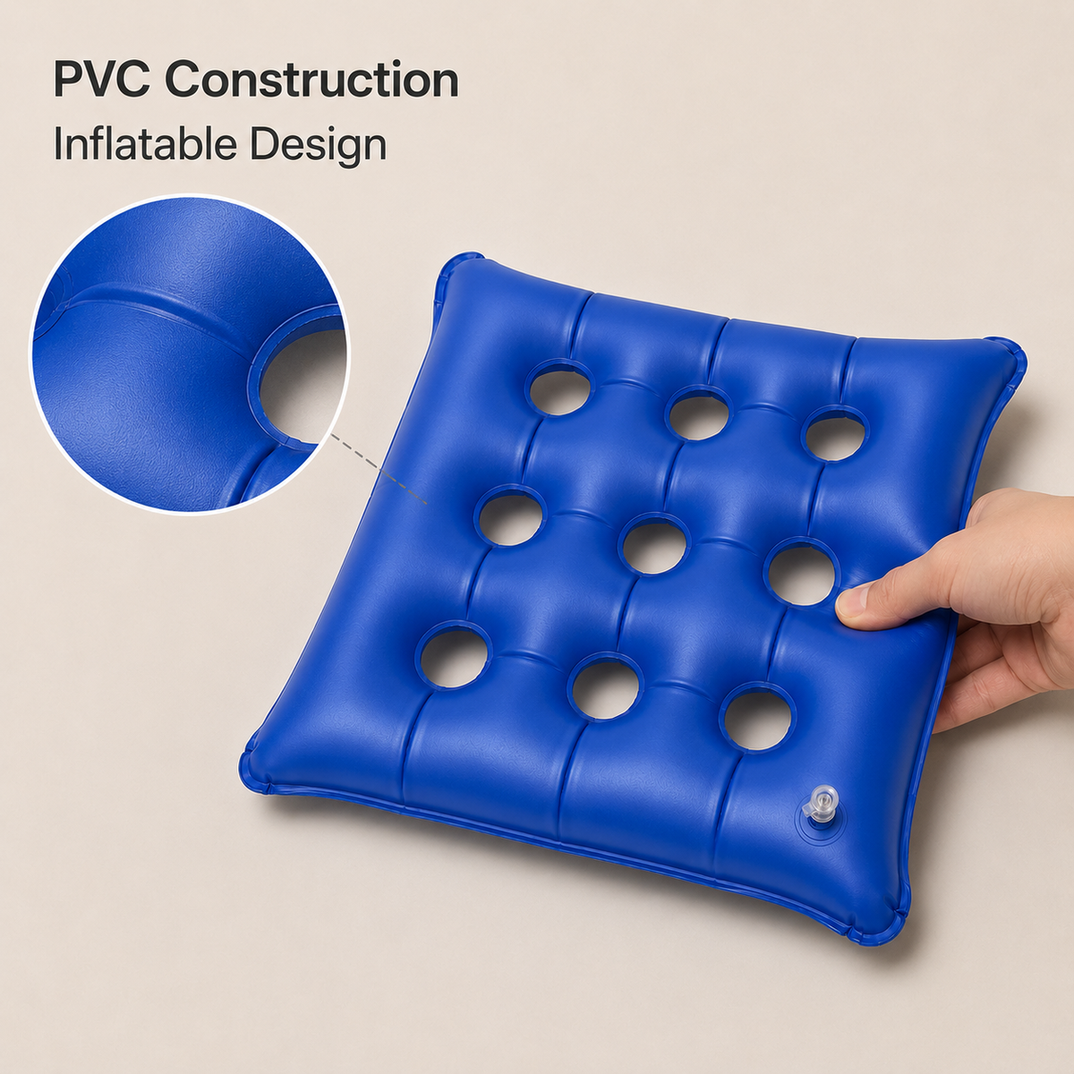 Close-up of the flexible surface and inflatable construction of the blue DeepTireh seat cushion.