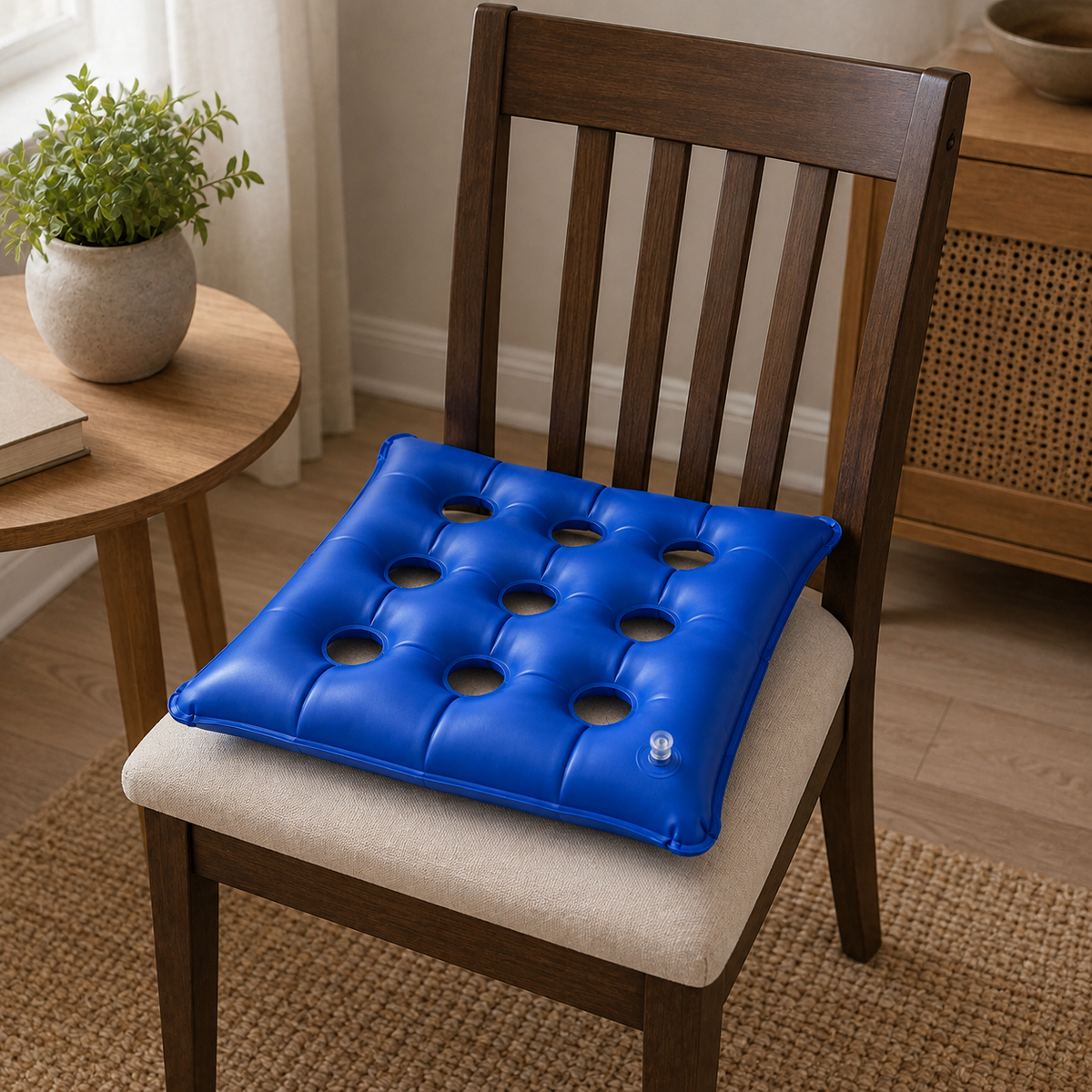 Blue DeepTireh inflatable seat cushion centered on a padded wooden chair in a home setting.