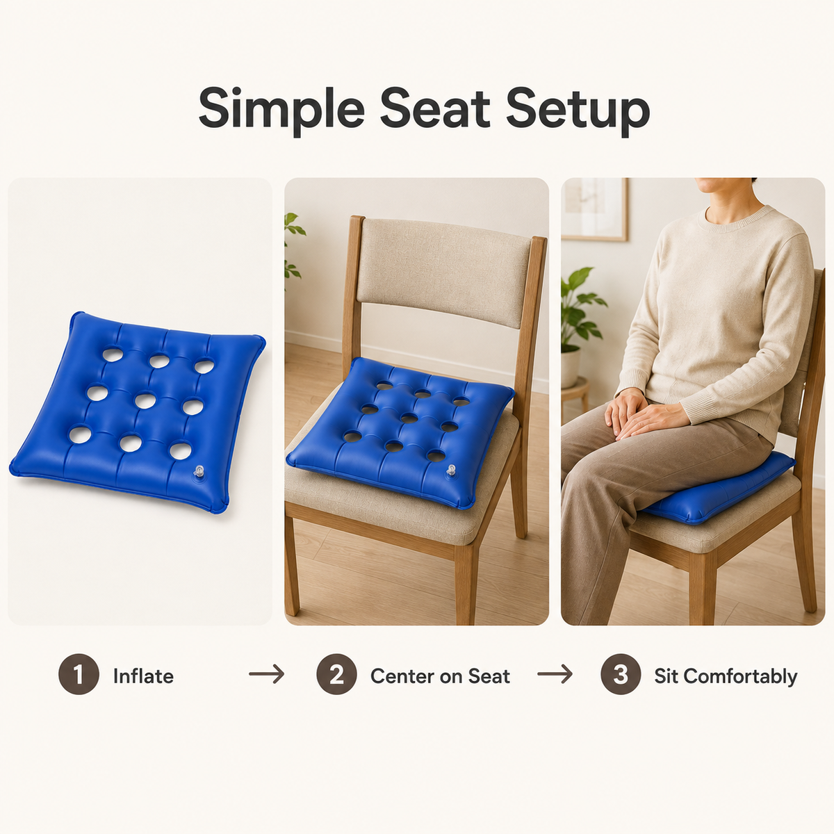 Three-step setup showing the DeepTireh cushion inflated, centered on a stable chair, and used while seated.