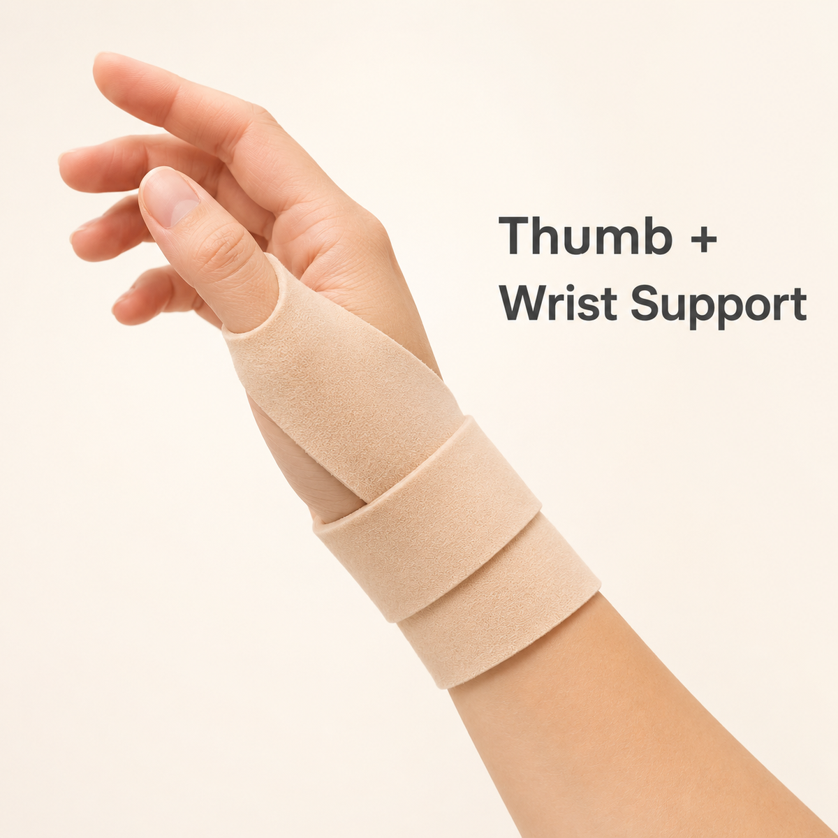 Beige support wrap fitted around the thumb and wrist while leaving the fingers free to move.