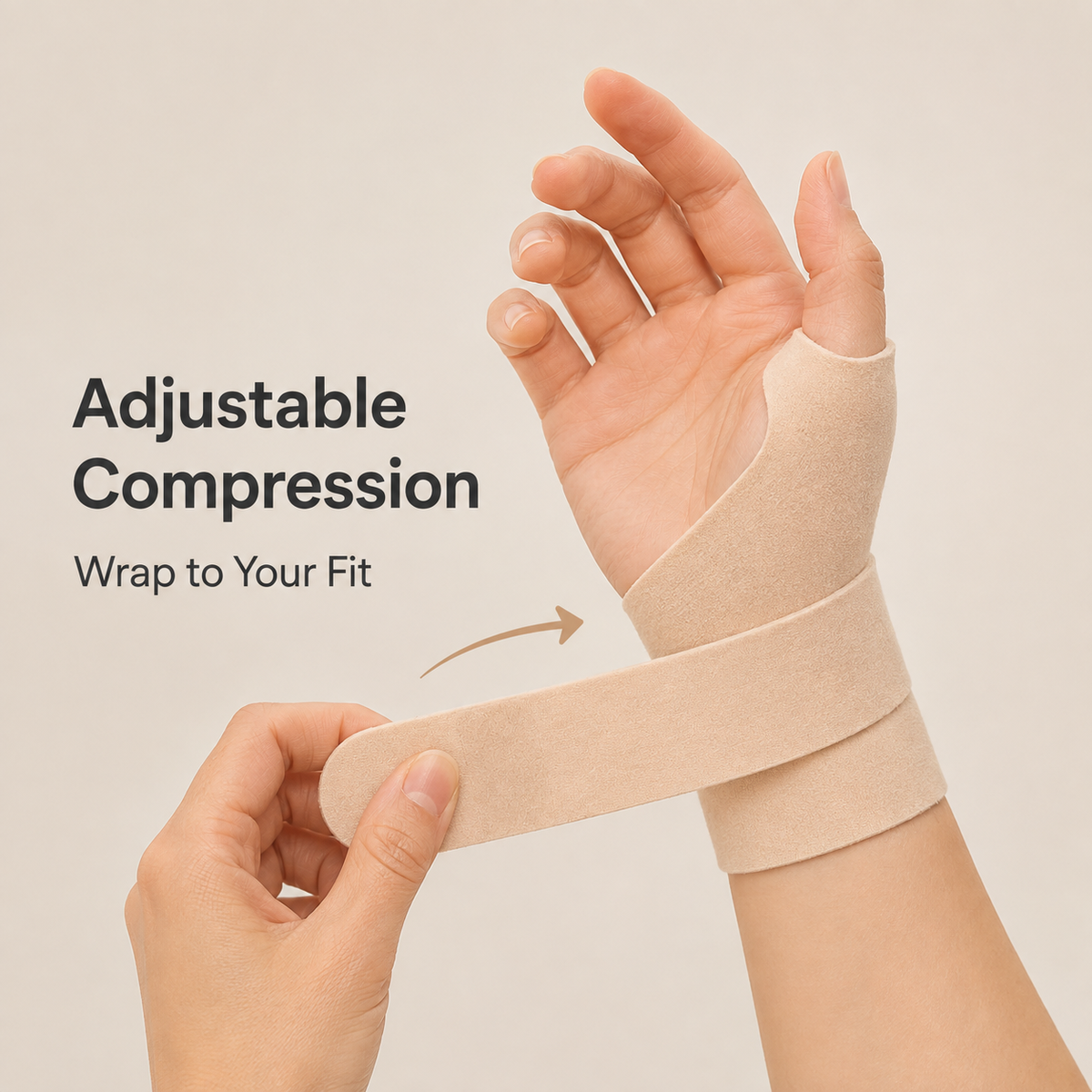 Hands adjusting the support wrap around the wrist to customize compression and fit.