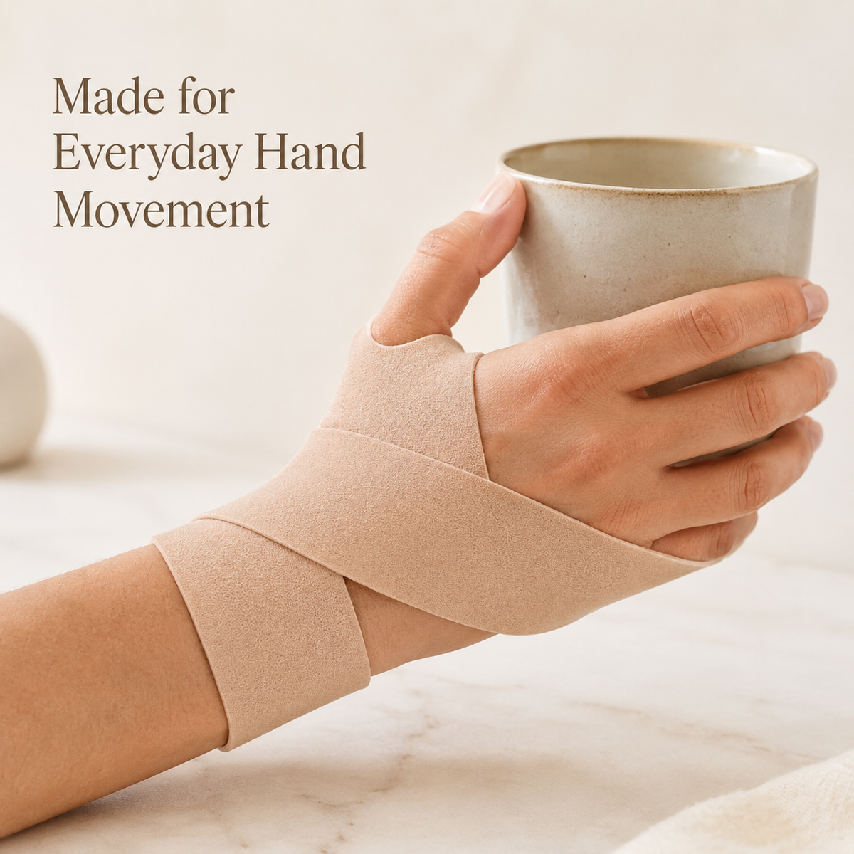 Hand wearing the beige thumb and wrist support wrap while holding a ceramic mug.