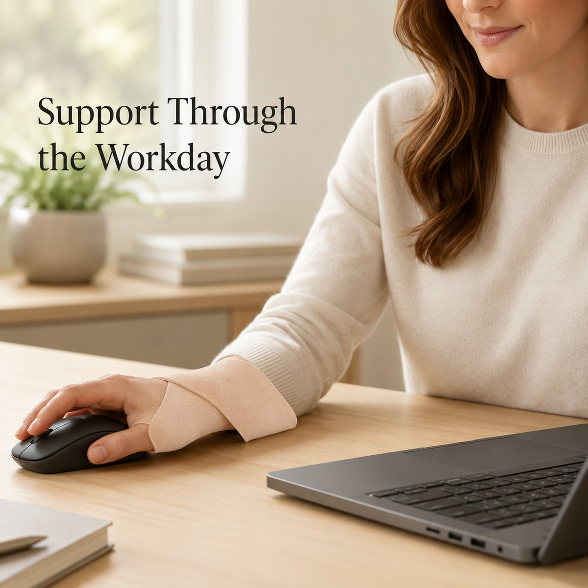 Woman using a computer mouse while wearing the beige thumb and wrist support wrap during the workday.
