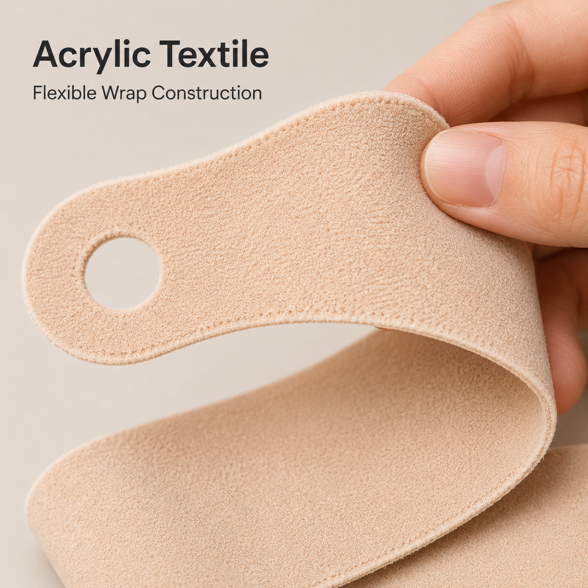 Close-up of the flexible acrylic textile, stitched edges, and thumb opening of the support wrap.
