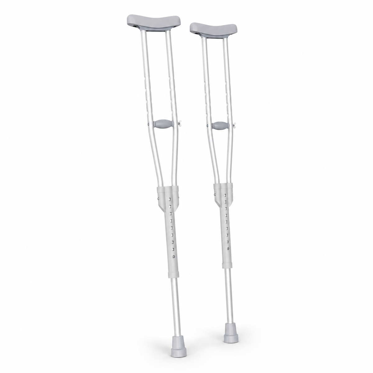 Pair of DeepTireh DT-M002 silver adjustable underarm crutches with cushioned pads on a white background
