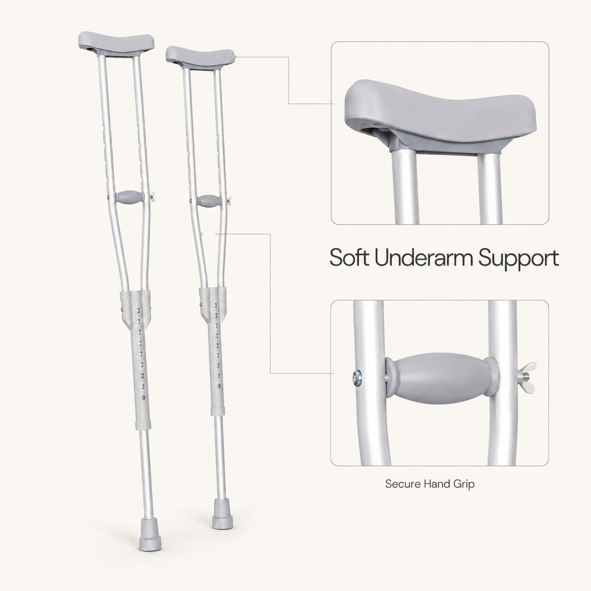 DeepTireh DT-M002 adjustable underarm crutches with close-up views of cushioned underarm pads and hand grips